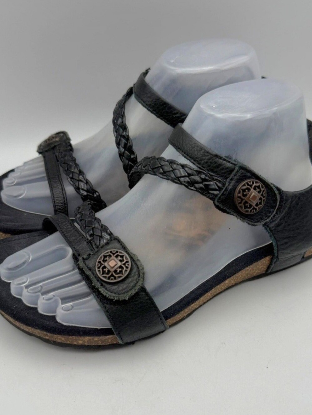 Aetrex Wedge Sandals Women 7.5 Black Leather Braided Medallion Jillian Cork